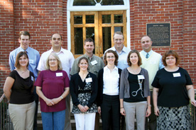 New faculty in 2008–09, and new staff in the Center for Teaching and Learning: Front row from left: Jennifer Nelson (mathematics), Rebecca Richtsmeier (laboratory instructor), Jennifer Fagenbaum (kinesiology), Laura Farmer (writing studio), Jenny Kelchen (theatre and communications studies), Dawn “Mikki” Smith (interim consulting librarian). Back row from left: Shawn Doyle (writing consultant), Ionut Epurescu-Pascovici (history), Brian Nowak-Thompson (tenure-track expansion position in biology and chemistry), Christopher Conrad (tenuretrack position in economics and business), James Van Valen (tenure-track expansion position in theatre and communications studies).