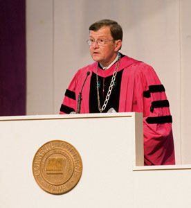 Garner presides over graduation each year in his crimson robes symbolizing his Ph.D. from Harvard University. (Photo by Jeff Schmatt)