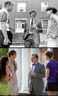 Les Garner makes time to stop and visit with students Brian Newman '96 and Heather Allyn '96 in 1994 (top) and again with Nick Light '10 and others in 2008 (bottom). (Photos by Christ Stewart, Jason Jones)