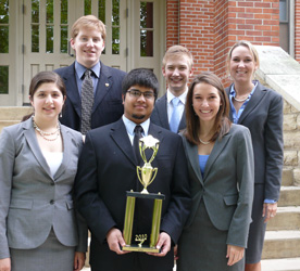 Cornell's Mock Trial team took sixth place at the 2010 National Tournament. Front Row: Nedah Zamani '10, Kasun Wijegunawardana '10, Annika Strombom '10. Back row: Francis Dixon '10, Eli Wade-Scott '10, Madeline Roche '10. (Photo by R.J. Holmes-Leopold)