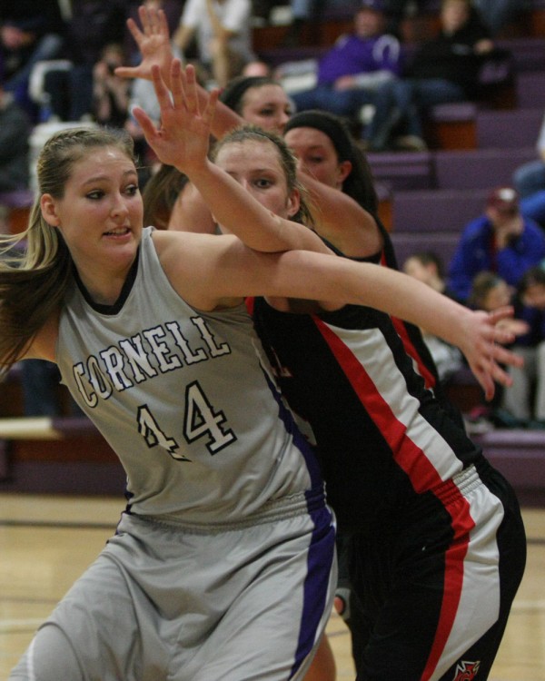 Senior center Camille Marie puts pressure on an opponent during Cornell’s 66–45 trouncing of Grinnell College in January.