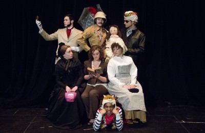 Alec Hynes (from left), Mallory deForest, Luke Brooks, Lydia Meece, Felix Amanor-Boadu, Haley Karlson, and Nolan Breard star in Cornell College’s production of Cloud 9, directed by Janeve West.