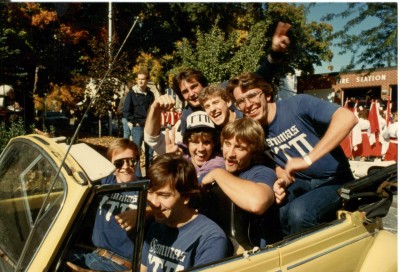 The Homecoming parade tradition crossed generations and gave Greek organizations—like the Gammas pictured at right—a chance to show their pride.