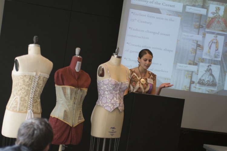 Olivia Cotton ’13 delivers her Student Symposium presentation “Unlacing the Corset: A Look into the History and Construction of Fashion’s Most Contentious Garment.” She graduated several weeks later with a major in mathematics and a minor in biology. (Credit: Mehrdad Zarifkar ’09)