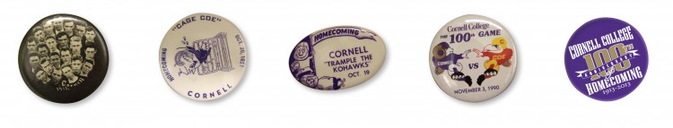 A collection of Homecoming buttons, starting with the first Homecoming in 1913 at left and ending with the latest Homecoming button at right.