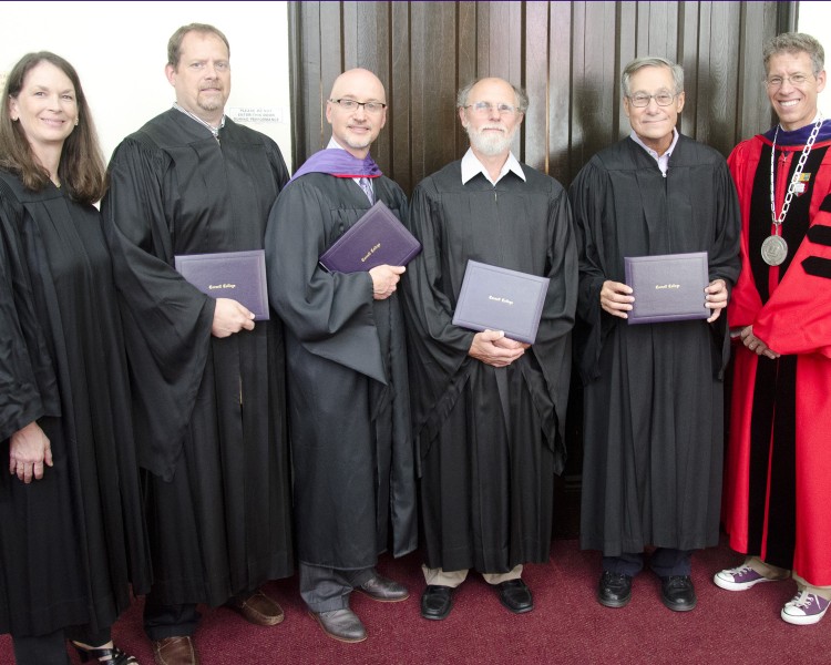 Alumni Association President Sheila Kruse Boyce ’85, Charles Boone ’88, Michael Mudlaff ’88, Daryl Boness ’72, Richard Williams ’63, and Cornell President Jonathan Brand after the annual Homecoming Convocation.