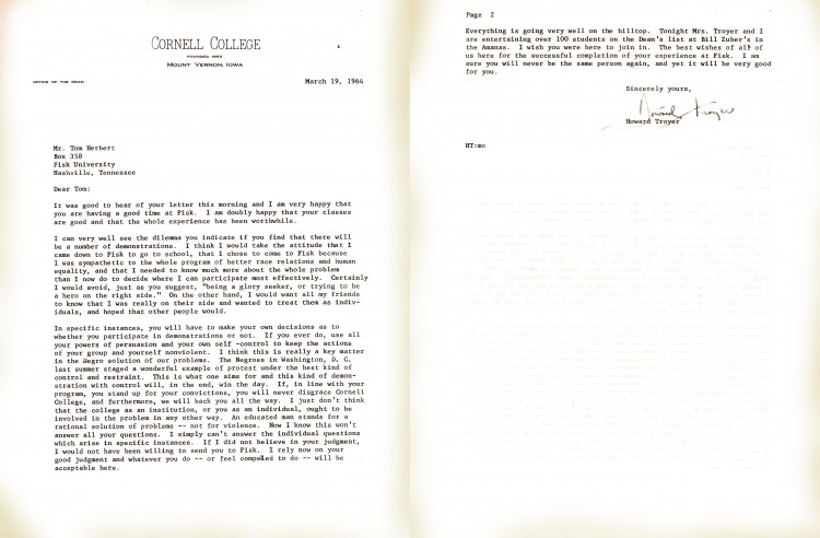 the letter Tom Herbert received from Cornell Dean Howard Troyer supporting his decision to protest. (Click to enlarge)