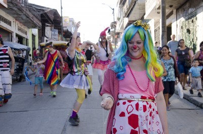 Lydia Meece in clown makeup during her internship in Peru. Credit: Will Schneider
