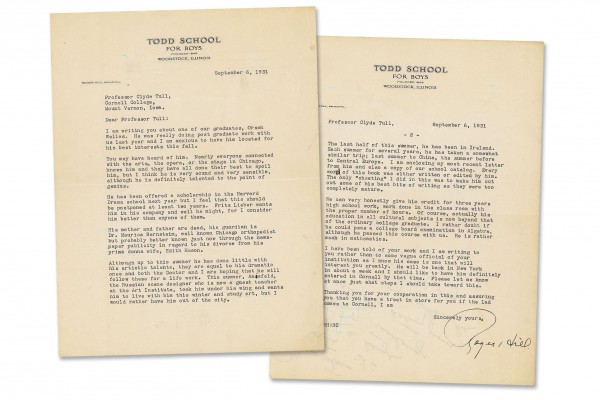 A letter from Roger Hill  Cornell College English Professor Clyde "Toppy" Tull recommending a 17-year-old Orson Welles.