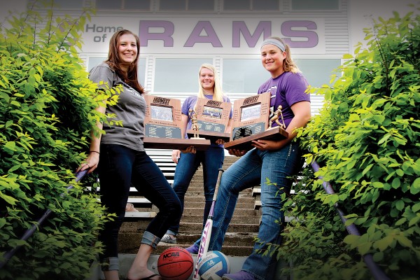 Mount Vernon High School graduates (from left) Taylor Dicus ’15, Kylea Weber ’15, and Kari Martin ’15 left an impressive record in Rams volleyball, basketball, and softball. 