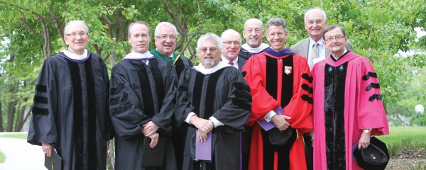 Three Cornell presidents gather with six current or past chairs of the Board of Trustees. From left: Richard Small '50, John McGrane '73, Jerry Ringer '59, Gib Drendel '58, President Jonathan Brand, Dick Brubaker '55, and President Les Garner. Not pictured, John Smith '71.