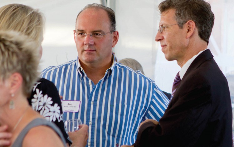 Ron Corbett '83 (with President Jonathan Brand at an alumni event) spent 13 years in the Iowa House of Representatives and in 2009 was elected mayor of Cedar Rapids, Iowa (Photo by Minda Davison)