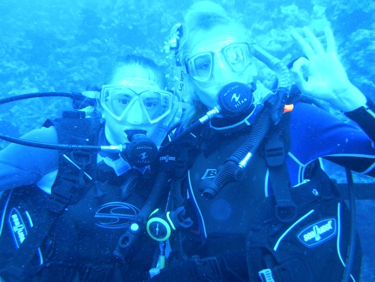 Students record data on coral species for an honors thesis project off the shore of Caribbean island of Curacao