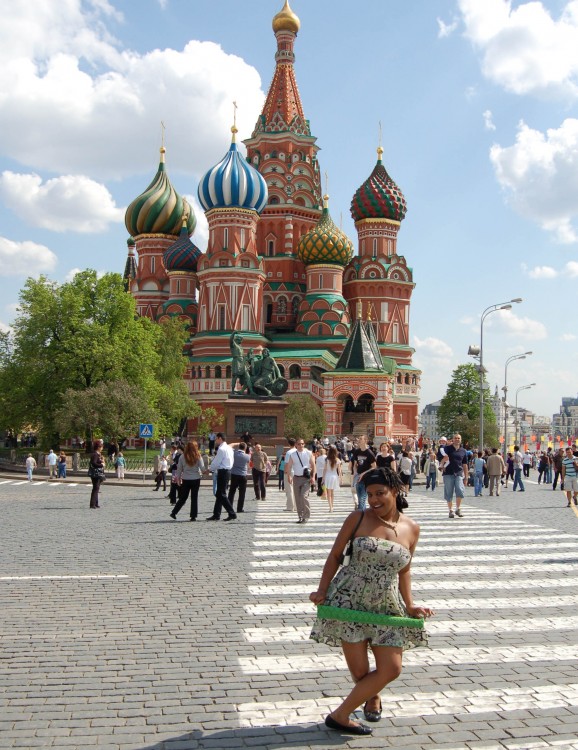 Danielle Cobb '09 poses outside St. Basil's Cathedral in Moscow's Red Square during the course Russia Today