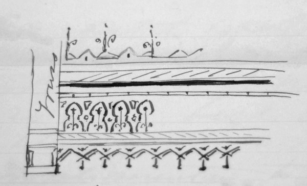 Chapman drew the sketch above to illustrate how craftsmen should stencil the King Chapel walls and ceilings.