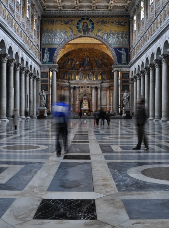 Visitors walk through the nave of the Basilica of St. Paul Outside the Walls, built over the tomb of Saint Paul. The building was one of many highlights in the course Rome Reborn: Imperialism in the Renaissance.