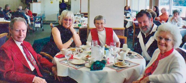 Left to right: Chuck Warden ’41, Barbara Warden McKee ’66, Betty Rowley ’42, Don McKee, Ruth “Gussie” Ohlsen ’41.