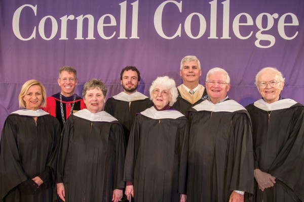 From left: Andrea Herrera ’85, President Jonathan Brand, Judy Hesler Jorgensen ’60, David Lienemann ’05, Ann Ruby Hemken ’54, Alumni Board President Fred Holtz ’86, Robert McLennan ’65, and Duane Carlson ’55.