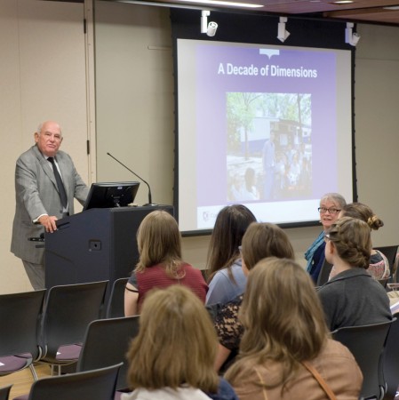 Larry Dorr ’63, who conceived of Dimensions: The Center for the Science and Culture of Healthcare, was among the speakers at “A Decade of Dimensions” during Homecoming. Student-alumni collaborators Megan Dibbern ’12 and Richard Kraig ’71, as well as Michael Baca ’13 and John Toussaint ’78, shared how Dimensions made an impact on their academic and professional careers. 