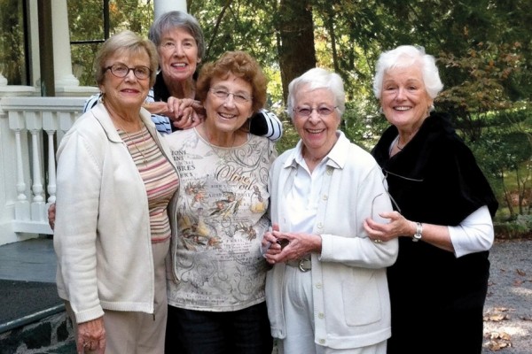 The Roodies Reunion in 2012 in Asheville, North Carolina, brought together Sally Baird Conde ’52, Barbara Frey Duffus ’52, Jo Shearer Bidle ’52, Barbara Jackson Tade ’52, and Jo Goetz Wasta ’52 (from left).