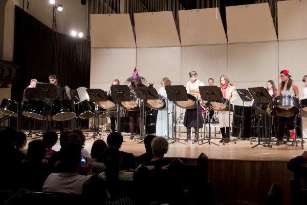 The Cornell College Steel Drum Ensembles performing a Halloween concert in 2013.