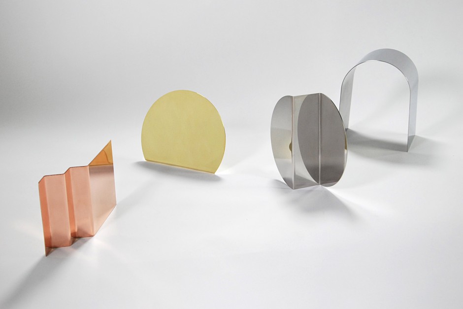 Bent Mirror Series by Nina Cho.
polished brass, copper, stainless steel
2015