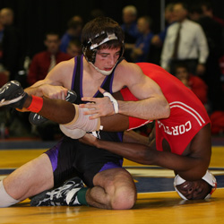 Kevin Donahue took fourth place at 141 pounds at the NCAA Division III Wrestling championships in March. (Photo by Kerry Kahl)