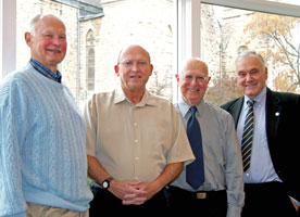 Left to right: Professors Robert Sutherland, Paul Gray, Addison Ault, and Charles Connell have all taught at Cornell for 40 years or more. (Photo by Blake Rasmussen '05)