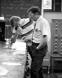 Chemistry Professor Bill Deskin works with a student in the Chemistry Building (now Norton Geology Center) (Photo by Eric Weston '79)