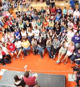 The Commons has a new name --Thomas Commons-- and a new plan for renovation and expansion. The Orange Carpet, however, will remain the building's unique hub (seen here in 2008 during a visit from stars Ashton Kutcher and Demi Moore). (Photo by Blake Rasmussen '05)