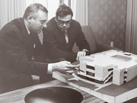 Cornell President Arland Christ-Janer (left) and Architect Ben Weese with a model of The Commons, which opened in 1966. 