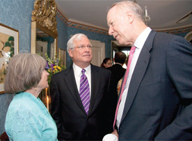 Becky Martin McClennan '64 and Bob McClennan '65 talk with former presidential advisor David Gergen during a reception before the 2010 Delta Phi Rho lecture. 