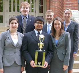 Cornell's mock trial program outperformed all but five teams in the nation. It's members are, front row from left: Nedah Zamani Kasun Wijegunawardana, Annika Strombom (All- American attorney); back row: Francis Dixson, Eli Wade-Scott, and Madeline Roche (All-American attorney). Not pictured: Kyle Blesener 