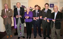 Cutting the ceremonial ribbon at the dedication of the Paul K. Scott Alumni Center, from left: R.K. Scott '63, Richard Small '50, honorary alumna Norma Small, Les Garner, Peter Wilch '94, and architect Ed Sauter. (Photo by Blake Rasmussen '05)