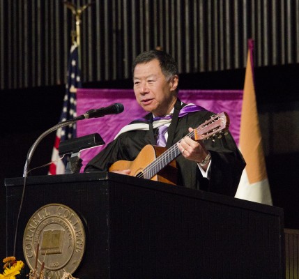 Loren Hiratzka '66 serenades the crowd during his acceptance speech for the Distinguished Achievement Award. He sang songs from the '60s, including some by Bob Dylan and the Kingston Trio. Photo by Nicole Potter '14