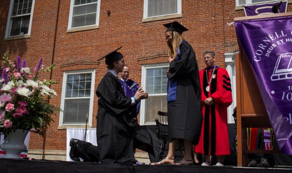 Laura Wetzel ’16 accepted a marriage proposal from Timothy Pavlik ’16 on stage after they received their diplomas together— a moment made possible by the Cornell tradition that allows students to choose by whom they sit at Commencement. Web Extra: Watch a video of the proposal here. 