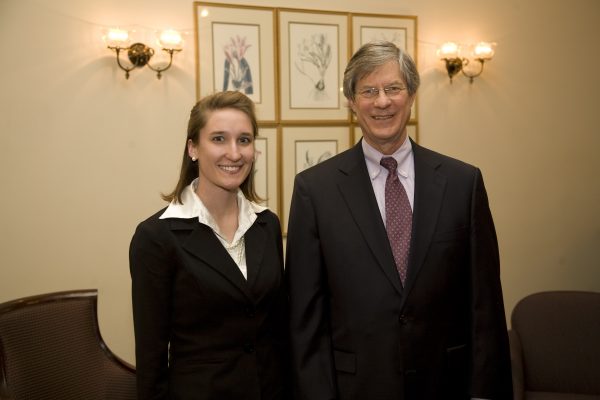 Craig Shives (right) mentored Leslie Tweeton Behaunek ’09 as a pre-law student. They maintained their relationship through her law school and clerking years and she now works at Shives’ firm, Nyemaster Goode, in Des Moines, Iowa. 