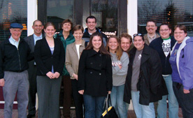 Faculty and students in Salt Lake City, Utah, enjoyed an impromptu diner with Trustee Virginia (Ginger) Soper Smith '73 and Douglas Soper '73. From LEft: Professor Addison Ault, Douglas Smith, CJ Ronhovde '10, Ginger Soper Smith, Professor Cindy Strong, Don Bladt '10, Valerie Collins '10 (in front), Kim Cox '09, Sean Lehman '10, Brianna Medrano '09, Professor Craig Teague, Julia Hanson '09, and Meggan Macomber '09. 