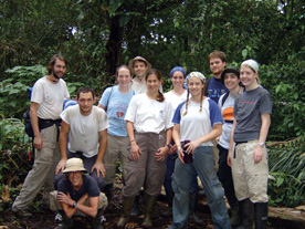 Marty Condon (crouching, lower left) and students take a break while conducting research in South America. 