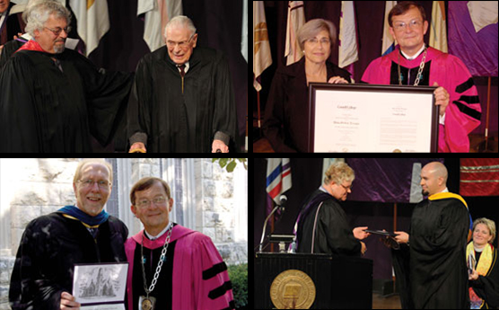 Top: Gib Drendel '58 and Herb Hendriks '40, professor emeritus of geology (left). Aleta Grillos Trauger '68 and President Les Garner (right). Bottom: Congressman David Loebsack and President Les Garner (left). Alumni Board President Lisa Naaktgeboren '90 and Jason Kolowski '98 (right). 