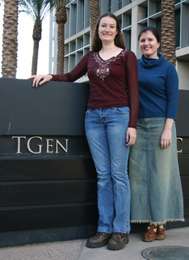 Cornell Fellow Danielle Bowen Gorbach '07, left, with Meredith Mills '00 at the Translational Genomic Research Institute in Phoenix. 