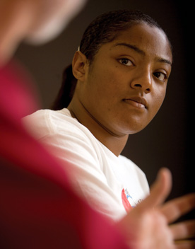 Chicago senior Elise Wood listens to Politics Professor Craig Allin deliver a point during his legendary constitutional law class Race, Sex, and the Constitution.