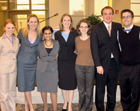 Cornell’s mock trial team, from left:                 Jessica Morton ’09, Madeline Roche ’10,                 Puroitree Majumdar ’10, Leslie Tweeton ’09,                 Sarah McNutt ’10, Ben Sebers ’09, and coach                 Kristofer Lyons.