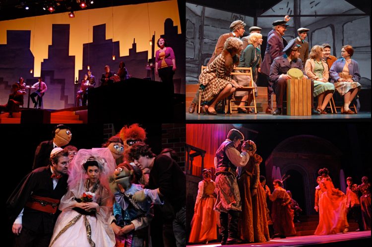 Clockwise from top left: Recent performances on the Kimmel stage: "Company," "A Man of No Importance," "Romeo and Juliet," and "Avenue Q." Photos by Jenny Kelchen