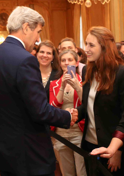 Emma Kaboli ’17, the Skinner International Fellow in American Diplomacy, meets Secretary of State John Kerry during her fellowship at the U.S. Embassy in Argentina. 