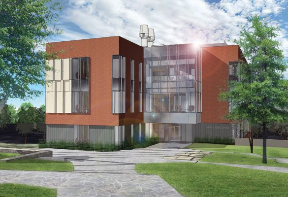 A front view of the future Russell Science Center. The pedestrian mall will extend to meet the facility and create a new east entrance to campus.
