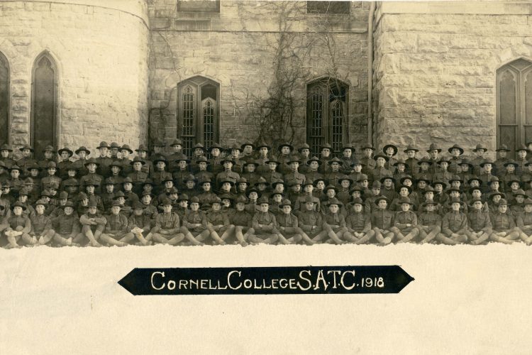 Cornell’s Student Army Training Corps sits for a photo in front of King Chapel.