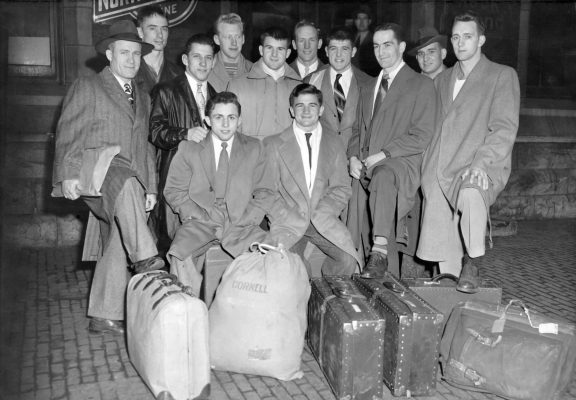 Then: The national championship team departs from the Mount Vernon train depot for the AAU meet in San Francisco in 1947. Back row, from left: Arlo Ellison ’48, Fred Dexter ’50, Dale Thomas ’47, manager Rick Meredith ’47. Middle row: Coach Paul Scott ’29, Leo Thomsen ’50, Lowell Lange ’50, Kent Lange ’50, Rodger Snook ’50, Al Partin ’50. Seated: Dick Hauser ’50, John Gregg ’49.