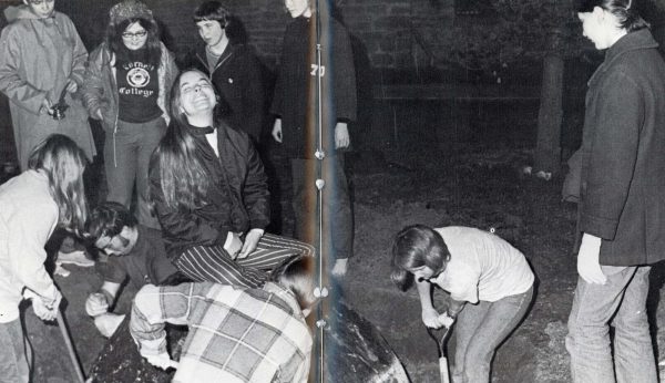 The 1971 Royal Purple exposed students who worked with Marta Wherry Mathatas '74 (not shown) to successfully move The Rock across campus.