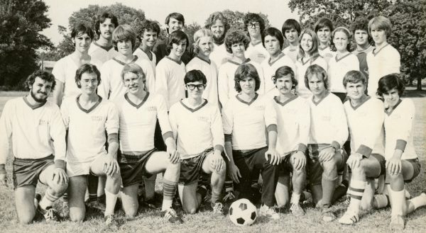 The 1976 men’s soccer team, which provided the first varsity play for women, included Anne Read Tracey ’79 and Cindy Bushey ’79 (middle row, second and third from right, respectively).